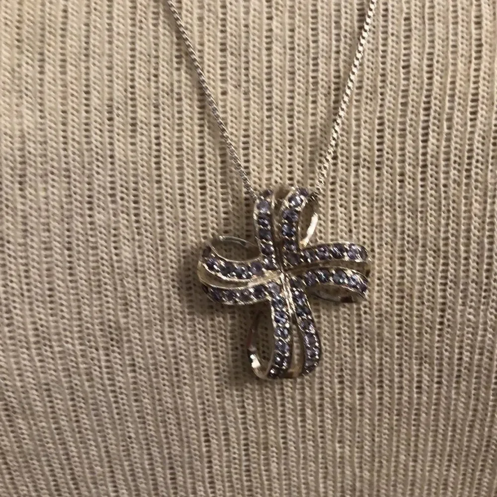 Vintage Loopy Bow Cross Necklace with Pale Purple Stones Sterling Silver